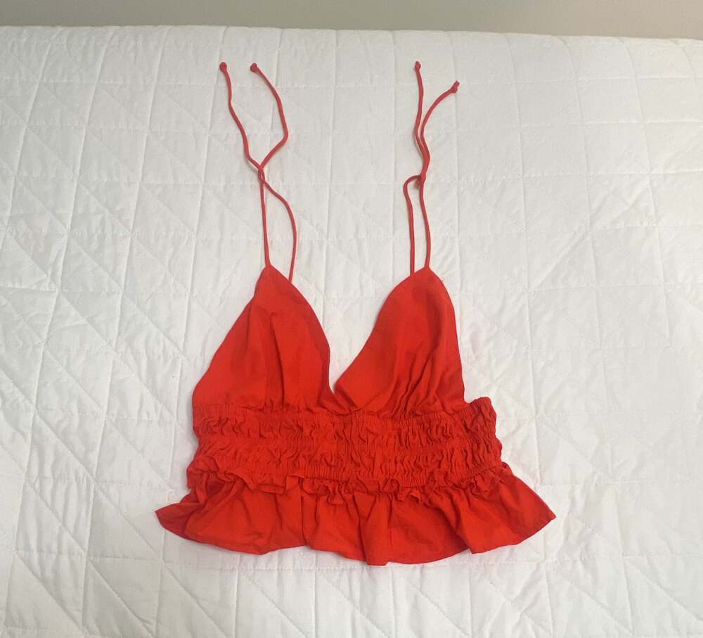 Sim & Sam Red Smocked Strappy Ruffled Crop Top